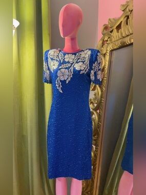 Laurence Kazar Royal Blue Beaded Floral Midi Dress